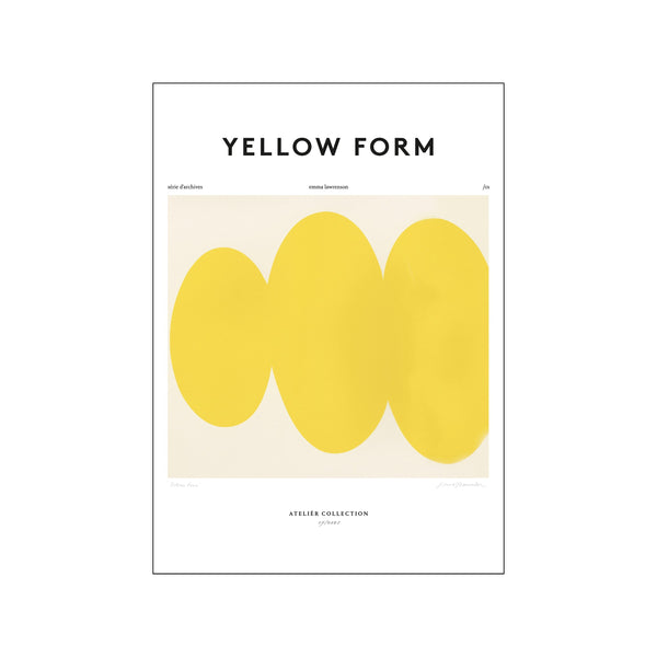 Abstract artwork featuring three overlapping, organic yellow shapes against a creamy background, evoking a sense of warmth and tranquility. Signed by Emma Lawrenson.