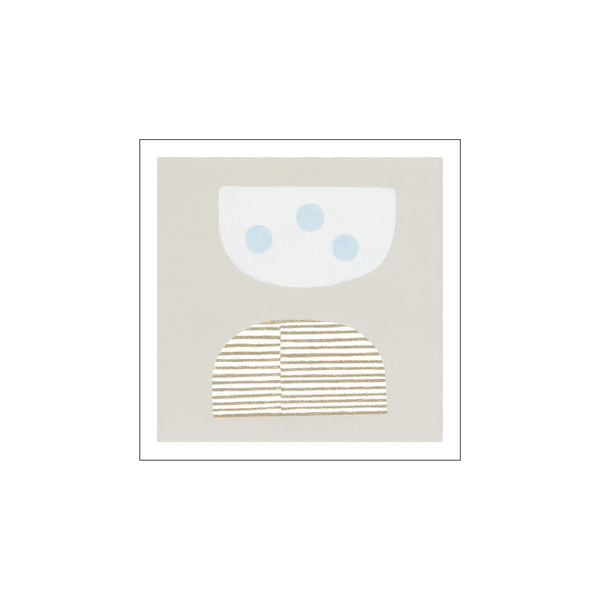 An abstract composition featuring a pale blue-capped semi-circle with three light blue dots above a golden-striped semi-circle, set against a muted beige background.