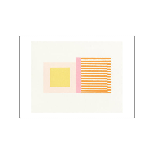 An abstract artwork featuring blocks of pale yellow and blush pink juxtaposed with vertical stripes of vibrant orange, evoking a sense of modern composition and warm, playful energy.