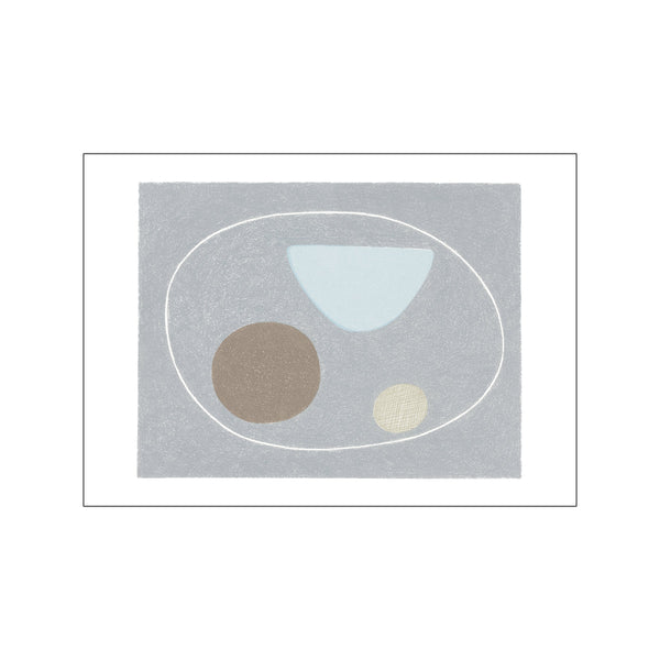 Abstract composition of three rounded shapes in taupe, light blue, and speckled yellow, all contained within a soft grey background outlined by a thin white ellipse.