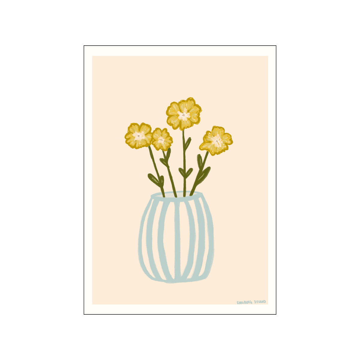 Minimal floral print with yellow flowers in a pale blue vase on a cream background