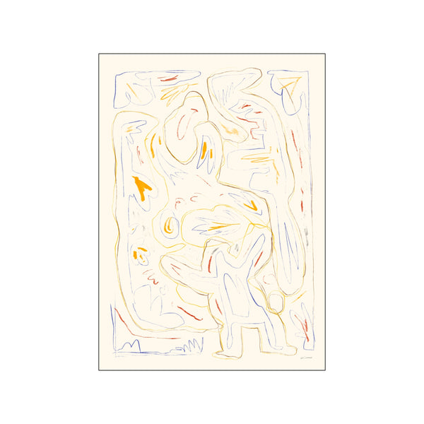 An abstract composition featuring loosely drawn figures and shapes in soft blush, ochre, and indigo lines on a creamy background, suggesting movement and playful energy.