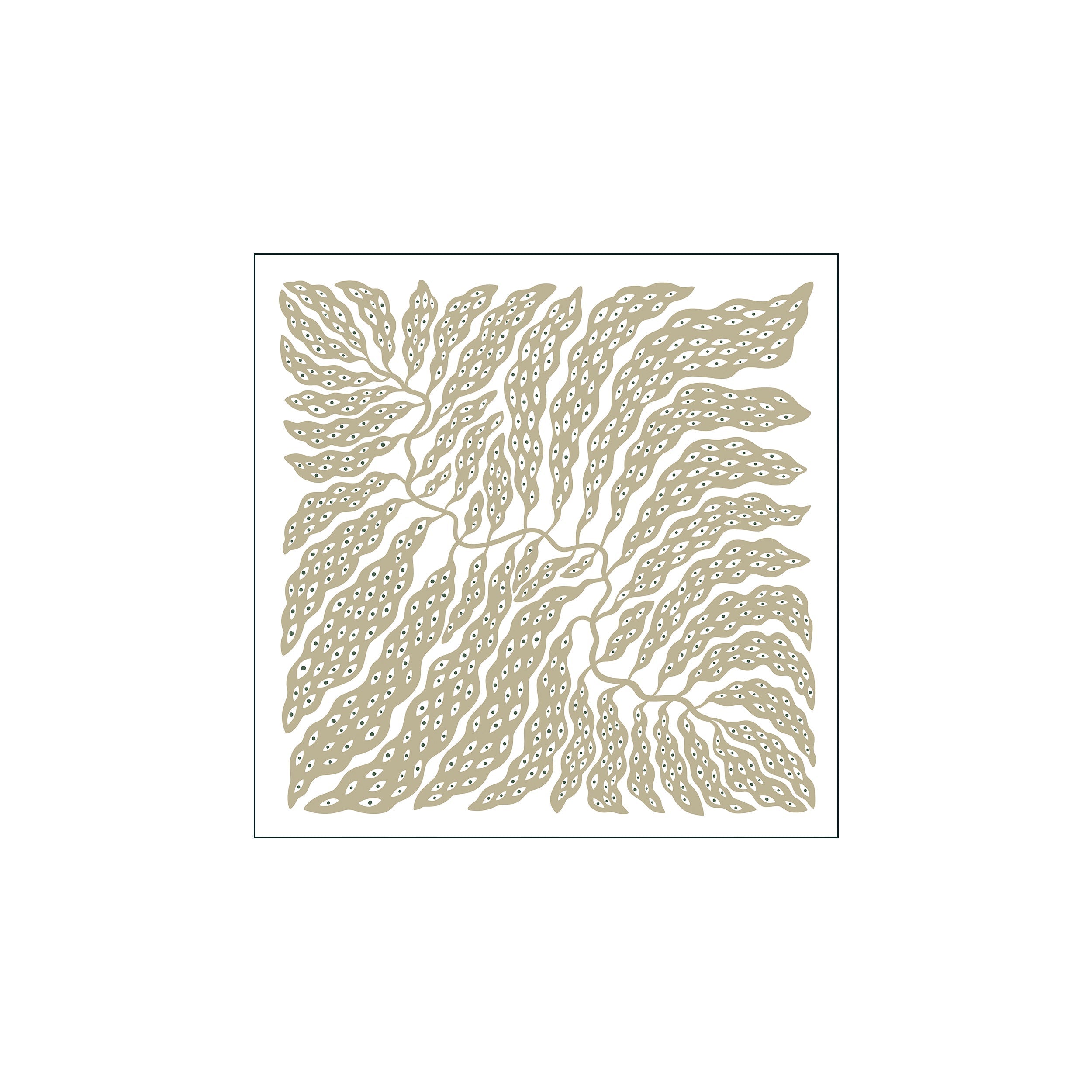 An abstract art piece featuring flowing, organic shapes resembling branches or tendrils. The shapes are a soft taupe color and are densely covered with small, stylized eyes in black and dark green, creating a captivating.