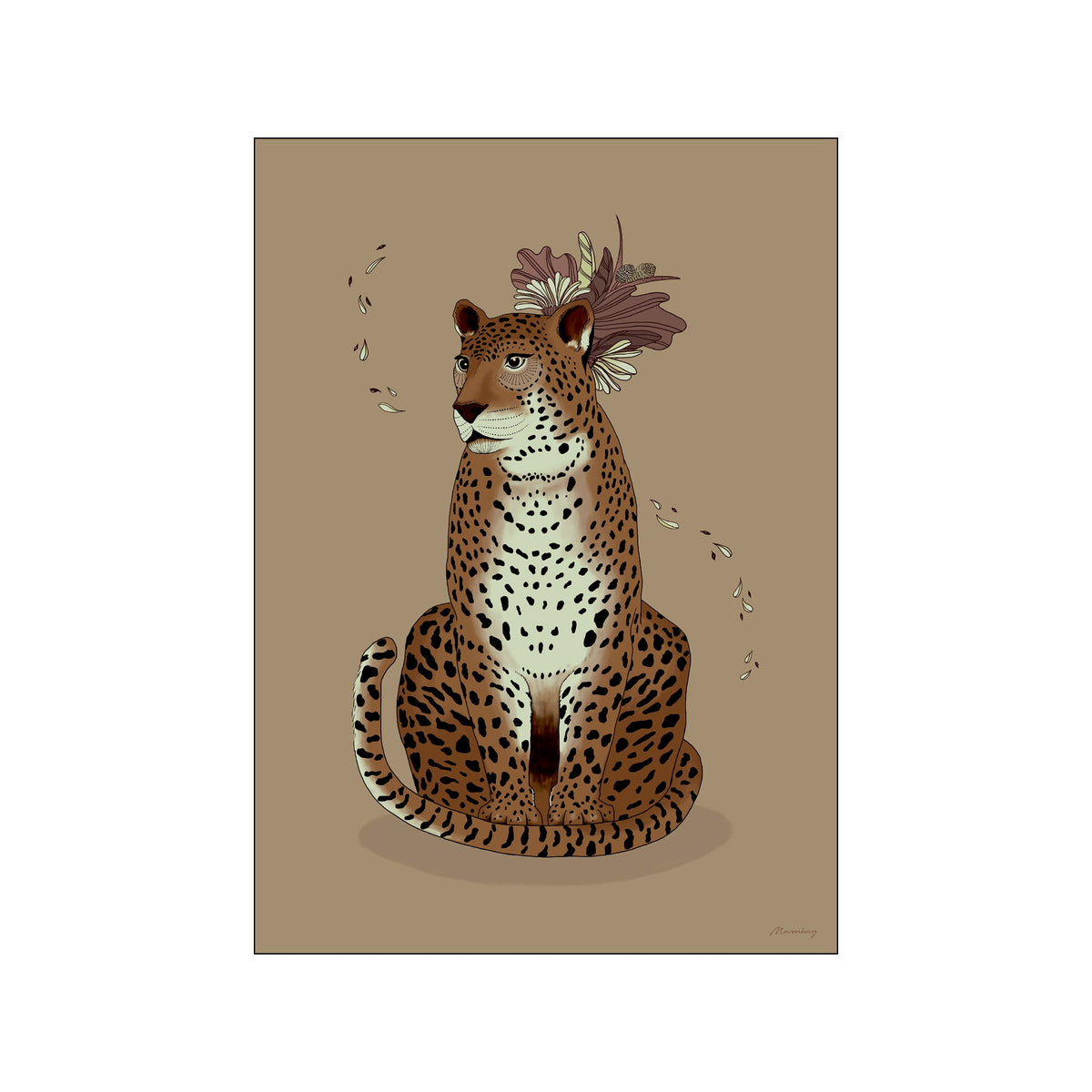 A seated leopard with detailed fur pattern, adorned with muted flowers on its head, against a solid taupe background with scattered petal shapes. Evokes a feeling of calm luxury and natural beauty.