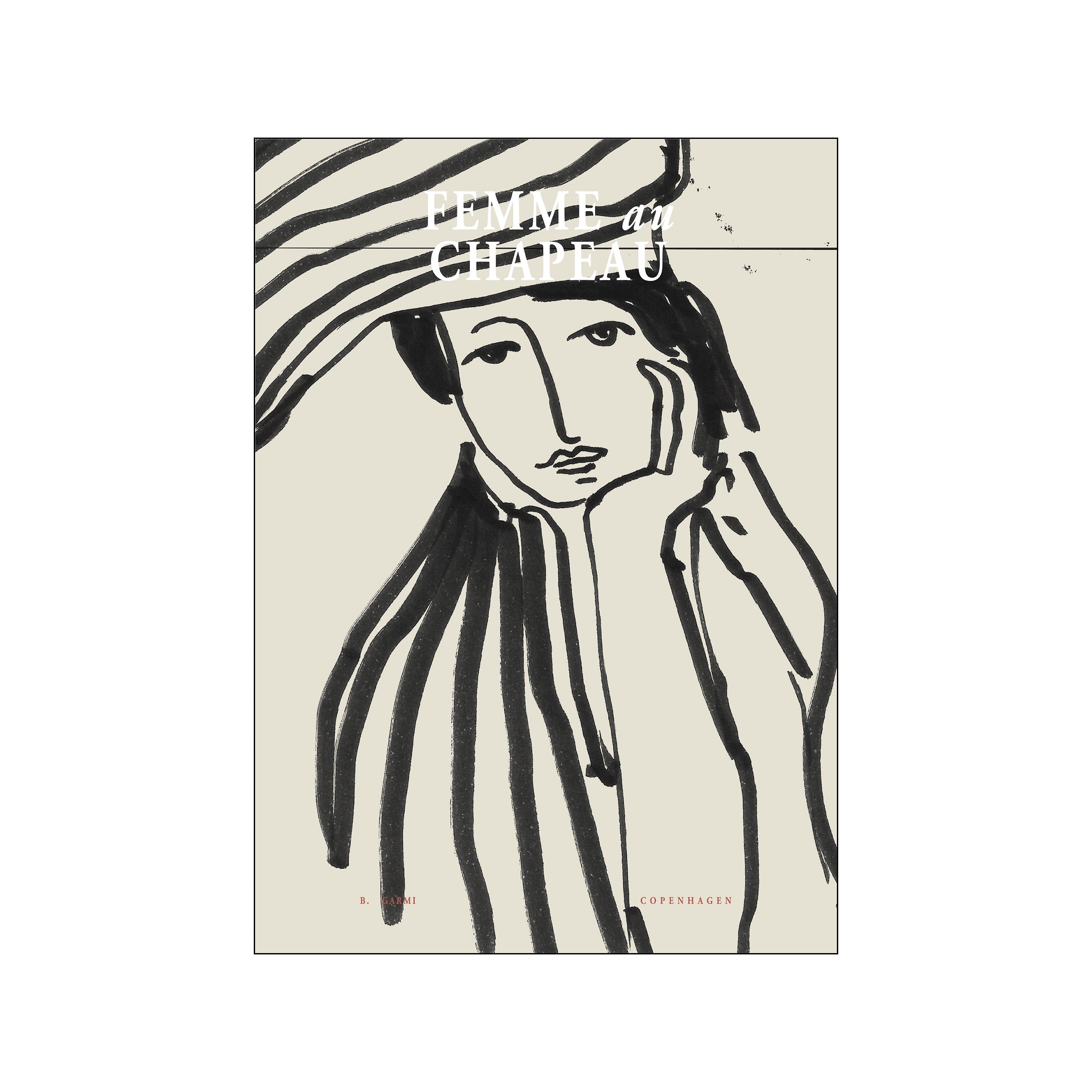 A black and white portrait of a woman wearing a wide-brimmed hat, her face turned slightly with a thoughtful expression, rendered in bold, expressive ink lines on a neutral background.