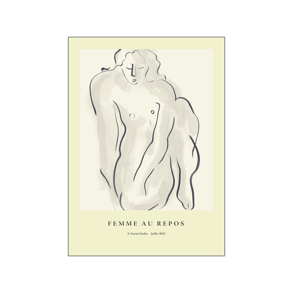 A minimalist sketch of a reclining female figure in black ink and grey wash on a cream background, conveying a sense of peaceful rest and artistic simplicity.