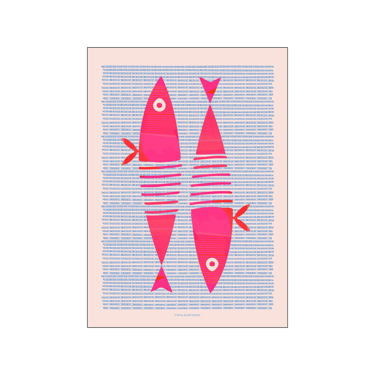 Abstract pink fish arranged on a blush background with blue horizontal line pattern