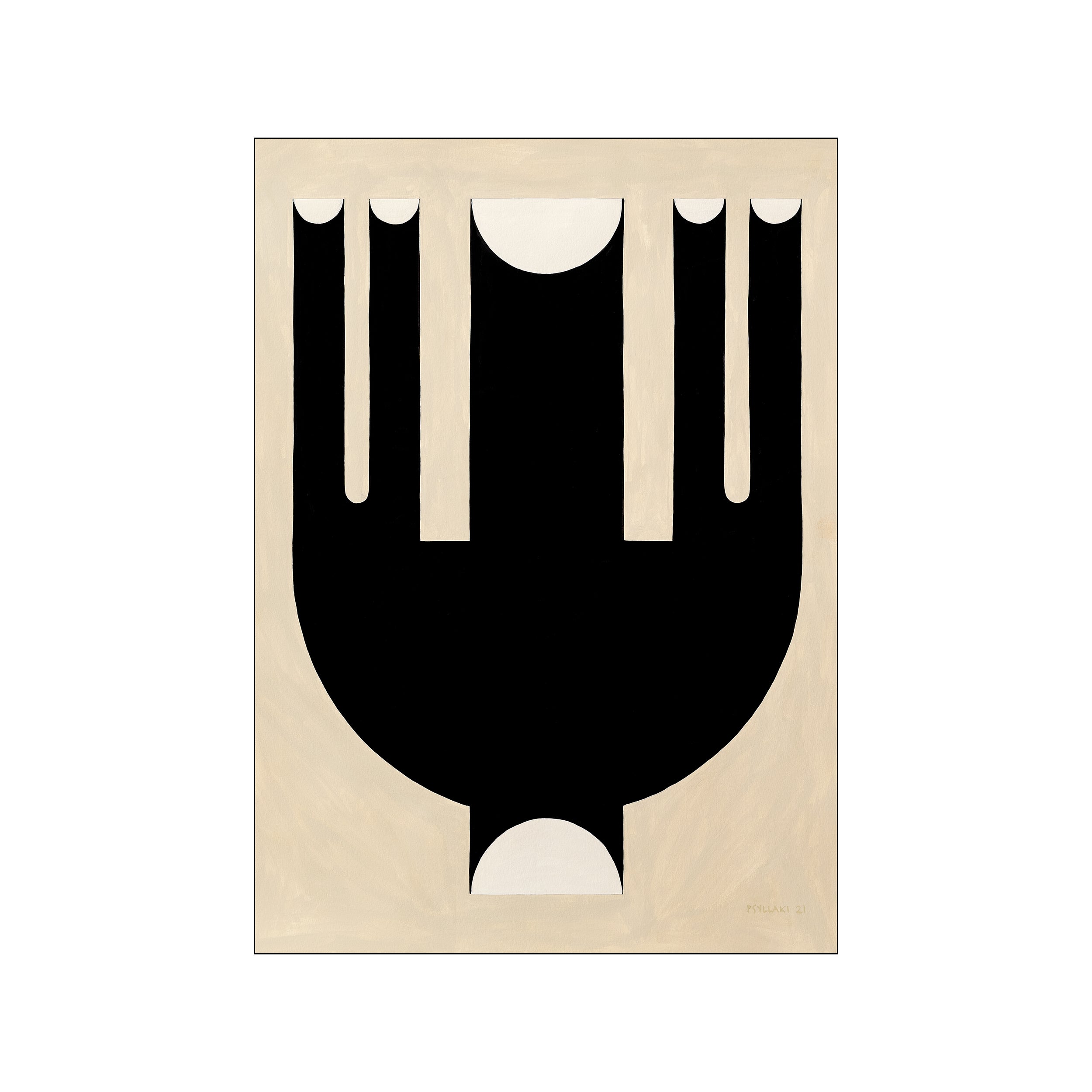 A minimalist abstract artwork featuring a central black form with arched cutouts, set against a creamy beige background. The composition suggests a stylized vase, evoking a sense of calm and modern artistry.