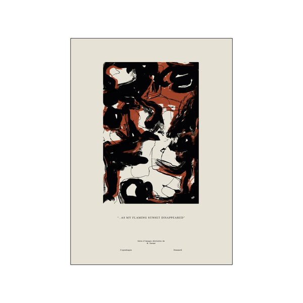 An abstract composition featuring bold, energetic brushstrokes in deep black and fiery rust orange against a creamy background, conveying a sense of movement and dramatic flair.