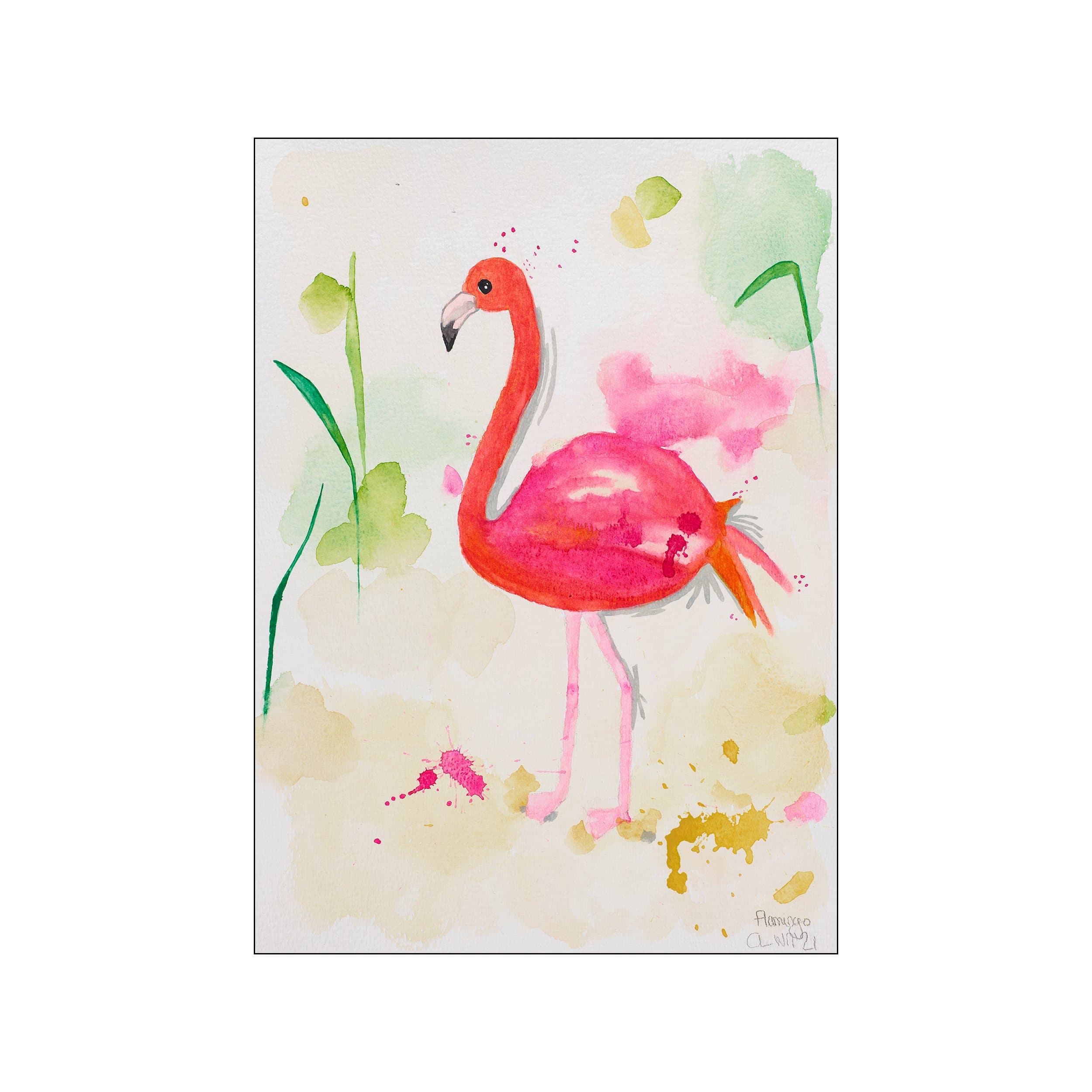 A whimsical watercolor painting of a vibrant coral flamingo standing amidst soft green reeds and abstract splashes of pink and gold, evoking a serene, coastal atmosphere.