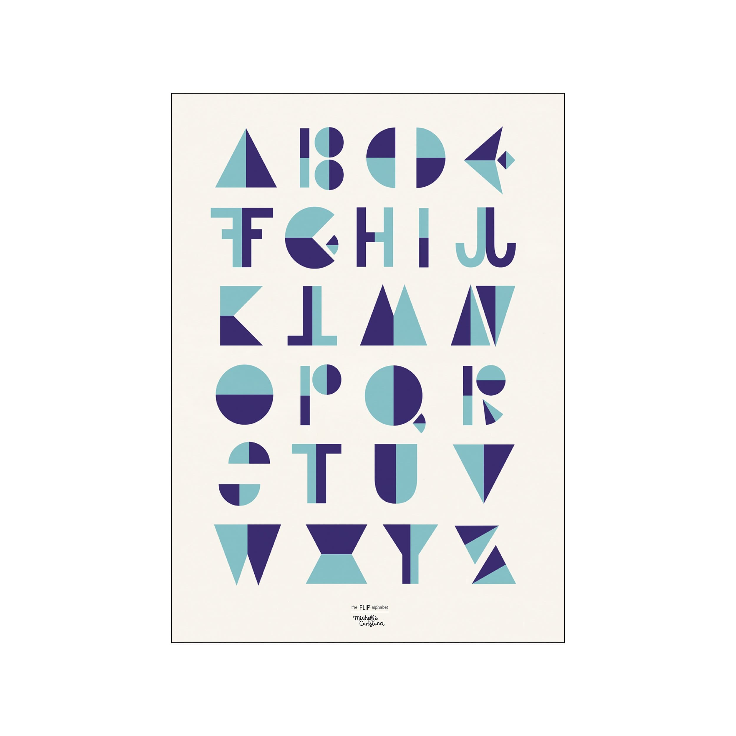 An alphabet rendered in geometric shapes using a palette of deep indigo and light teal on an off-white background, creating a playful yet modern visual for kids' rooms or gallery walls.
