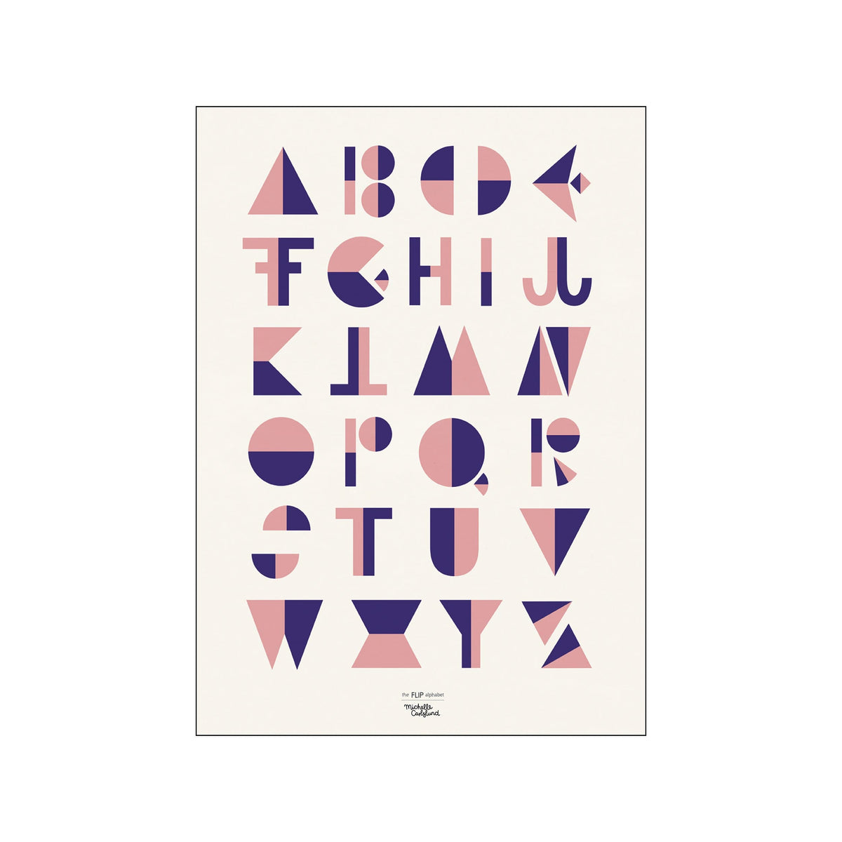 Geometric alphabet letters in blush pink and navy blue on a cream background, evoking a playful, modern, and educational vibe for a child's room or gallery wall.