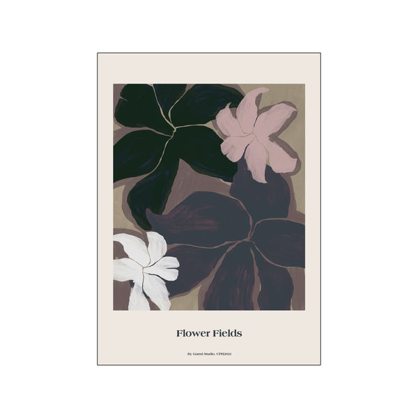 An artistic rendering of dark, oversized flower petals in shades of deep green, dusky purple, and soft pink, with accents of white and taupe, creating a moody, elegant floral scene.