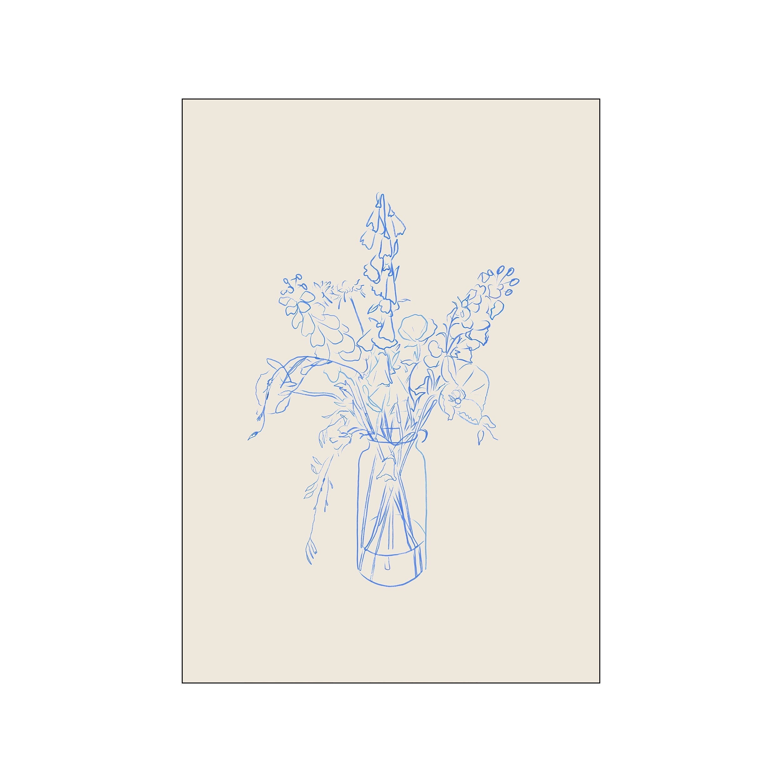A delicate blue ink sketch of a bouquet of wildflowers in a glass vase, rendered on a soft, creamy background. The composition feels airy and tranquil, ideal for a bohemian or modern aesthetic.