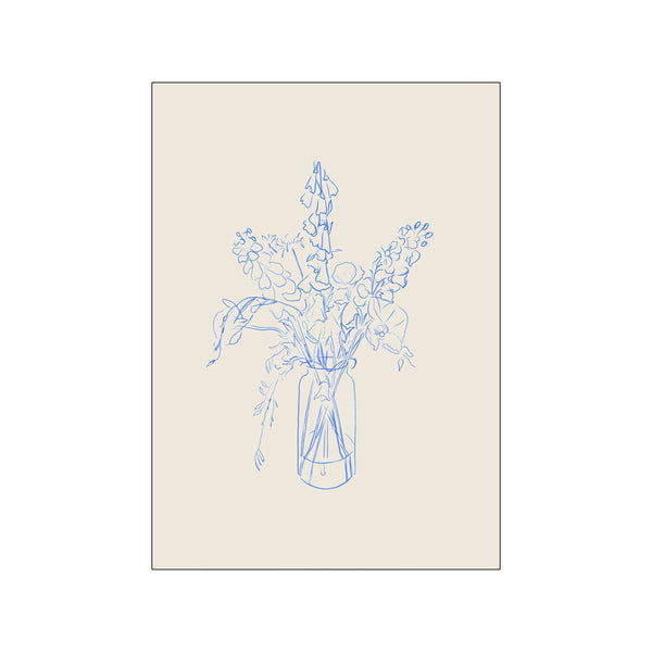 A delicate blue ink sketch of a bouquet of wildflowers in a glass vase, rendered on a soft, creamy background. The composition feels airy and tranquil, ideal for a bohemian or modern aesthetic.