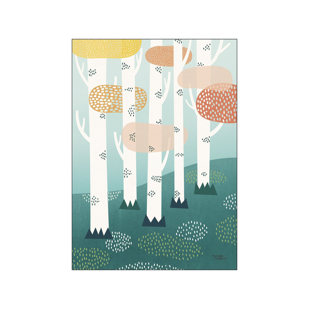 Whimsical forest scene with stylized white birch trees, soft blue sky, and abstract shapes in yellow, orange, and pink, evoking a playful and serene mood.