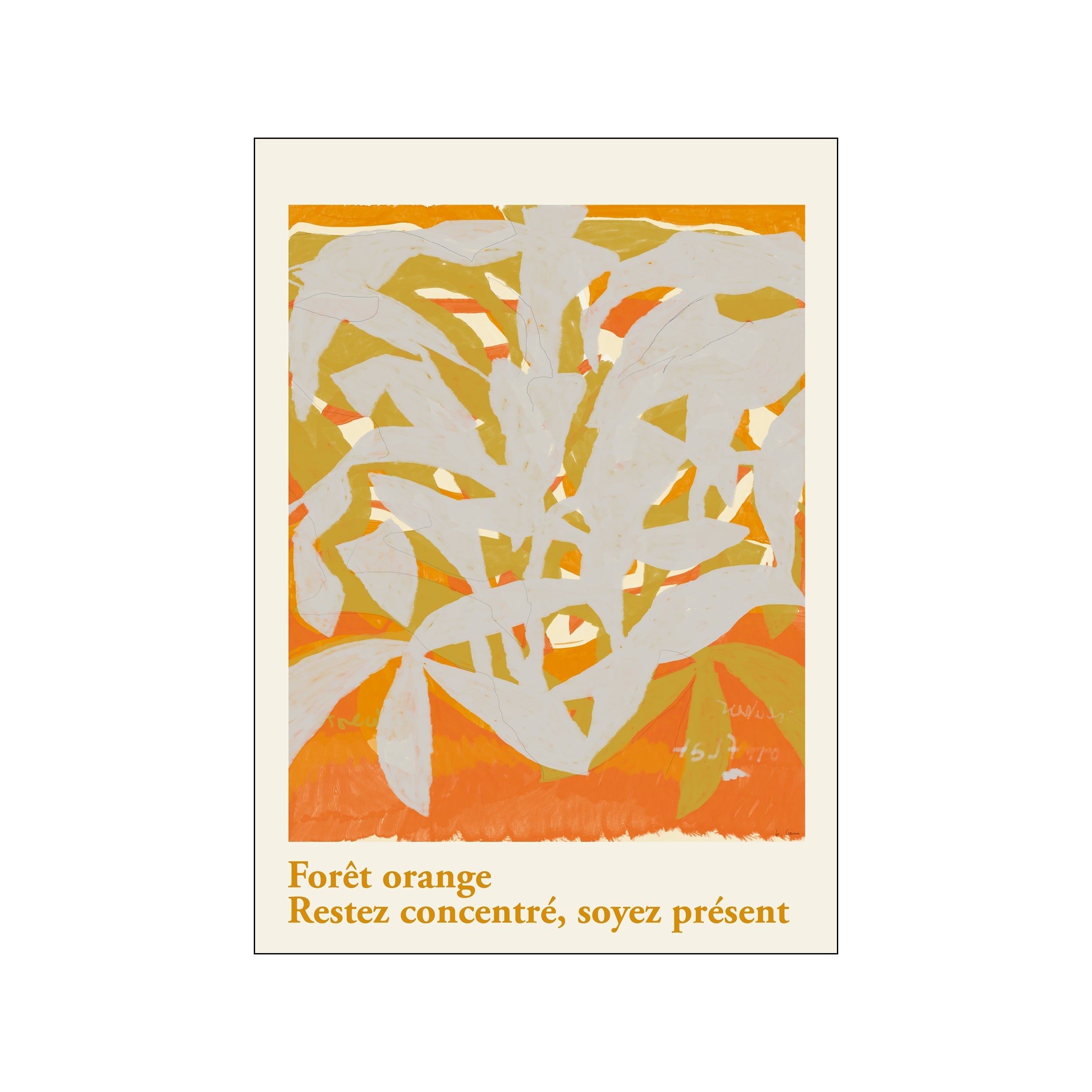 Abstract artwork with bold strokes of orange, yellow, and creamy white, resembling stylized foliage. The color palette is warm and inviting, evoking a sense of nature and tranquility.