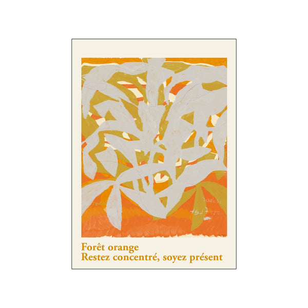 Abstract artwork with bold strokes of orange, yellow, and creamy white, resembling stylized foliage. The color palette is warm and inviting, evoking a sense of nature and tranquility.