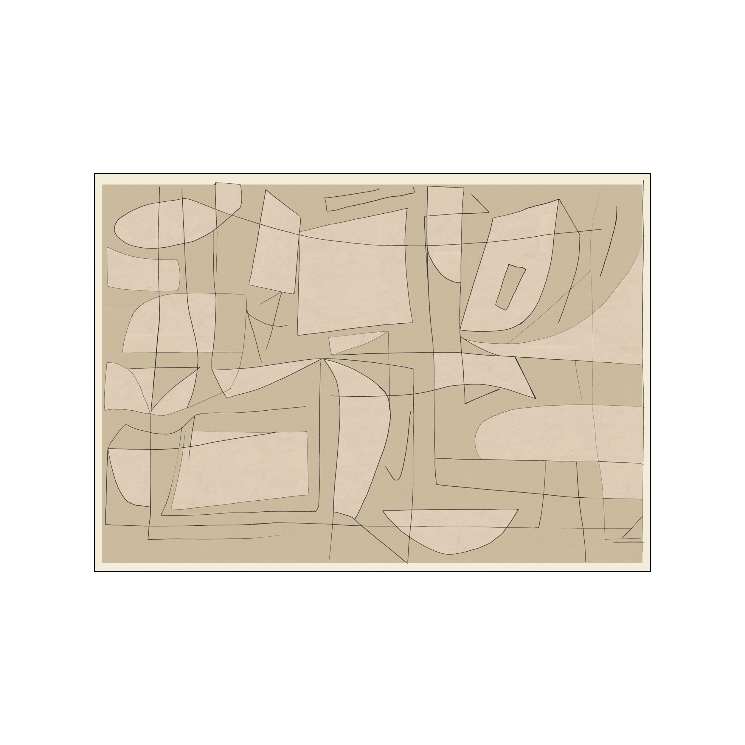 An abstract composition featuring overlapping geometric and organic shapes in soft beige and brown tones, outlined with thin black lines against a muted taupe background.