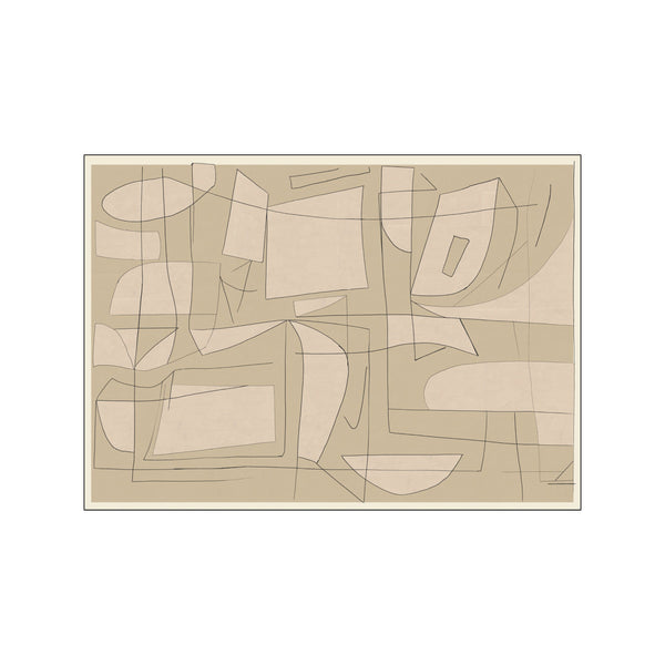 An abstract composition featuring overlapping geometric and organic shapes in soft beige and brown tones, outlined with thin black lines against a muted taupe background.