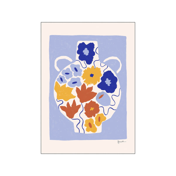 A playful abstract artwork featuring a blue vase filled with stylized flowers in shades of yellow, rust, and blue, set against a creamy background bordered by soft lavender.