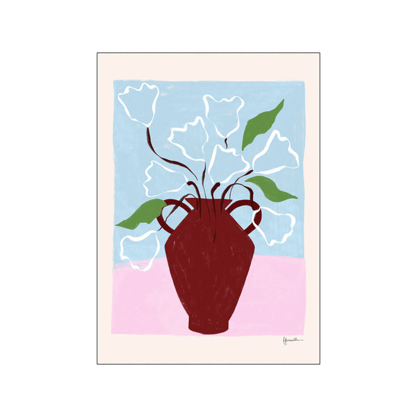 An abstract illustration featuring delicate white roses in a deep red urn against a soft blue and pink background, with green leaves accenting the floral arrangement.