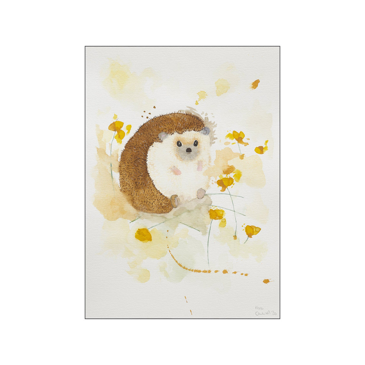 A charming watercolor painting of a round, fluffy hedgehog curled up amidst scattered yellow wildflowers. The artwork features soft, earthy brown and golden hues with a dreamy, ethereal background.