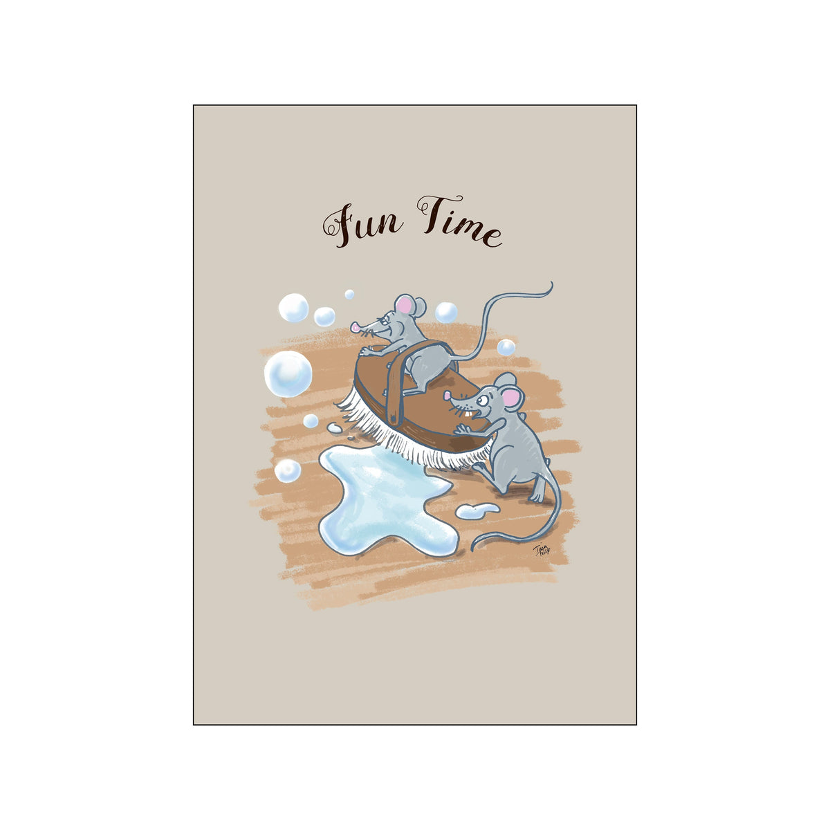 A charming illustration titled 'Fun Time' features two cartoon mice joyfully scrubbing with a brush amidst water splashes and bubbles. The artwork has a muted palette with warm earth tones and soft blues, creating a.