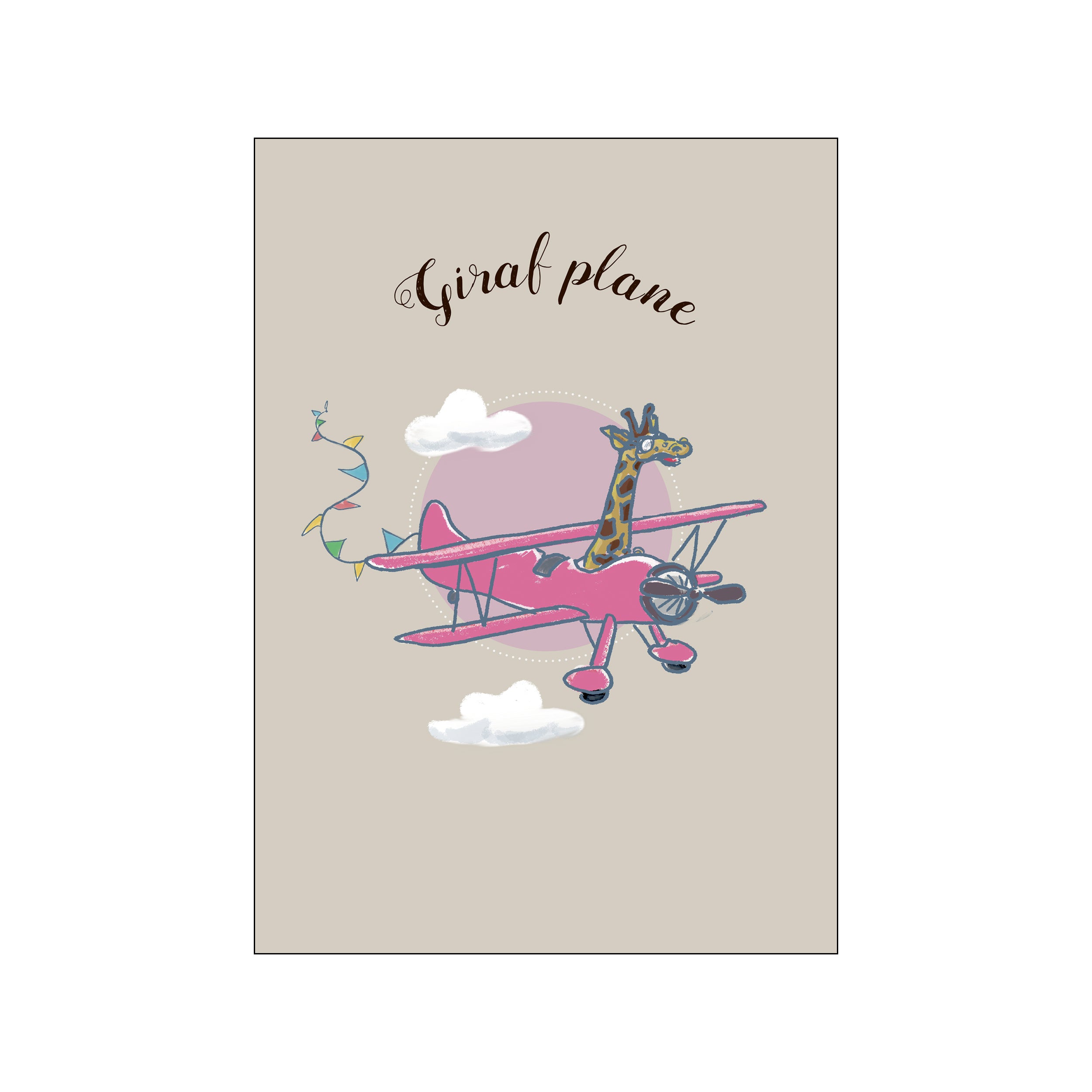 A whimsical illustration of a giraffe wearing glasses, piloting a pink biplane through soft clouds against a taupe background, with a string of colorful pennants trailing behind.