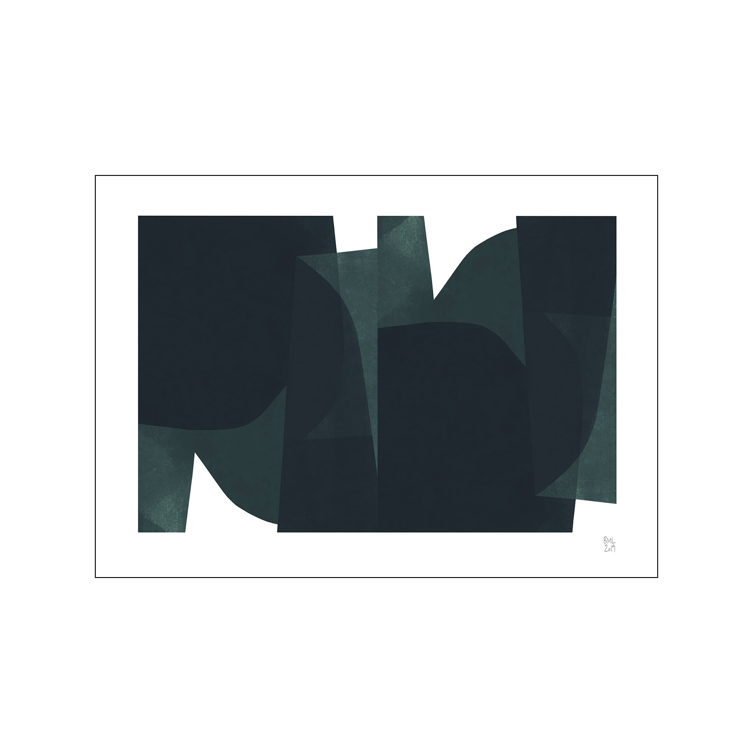 Abstract print with layered dark green and charcoal geometric forms on a white background