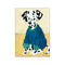 An expressive painting of a Dalmatian dog wearing a blue sweater, set against a soft yellow and cream background. The artwork has a cozy, whimsical vibe.