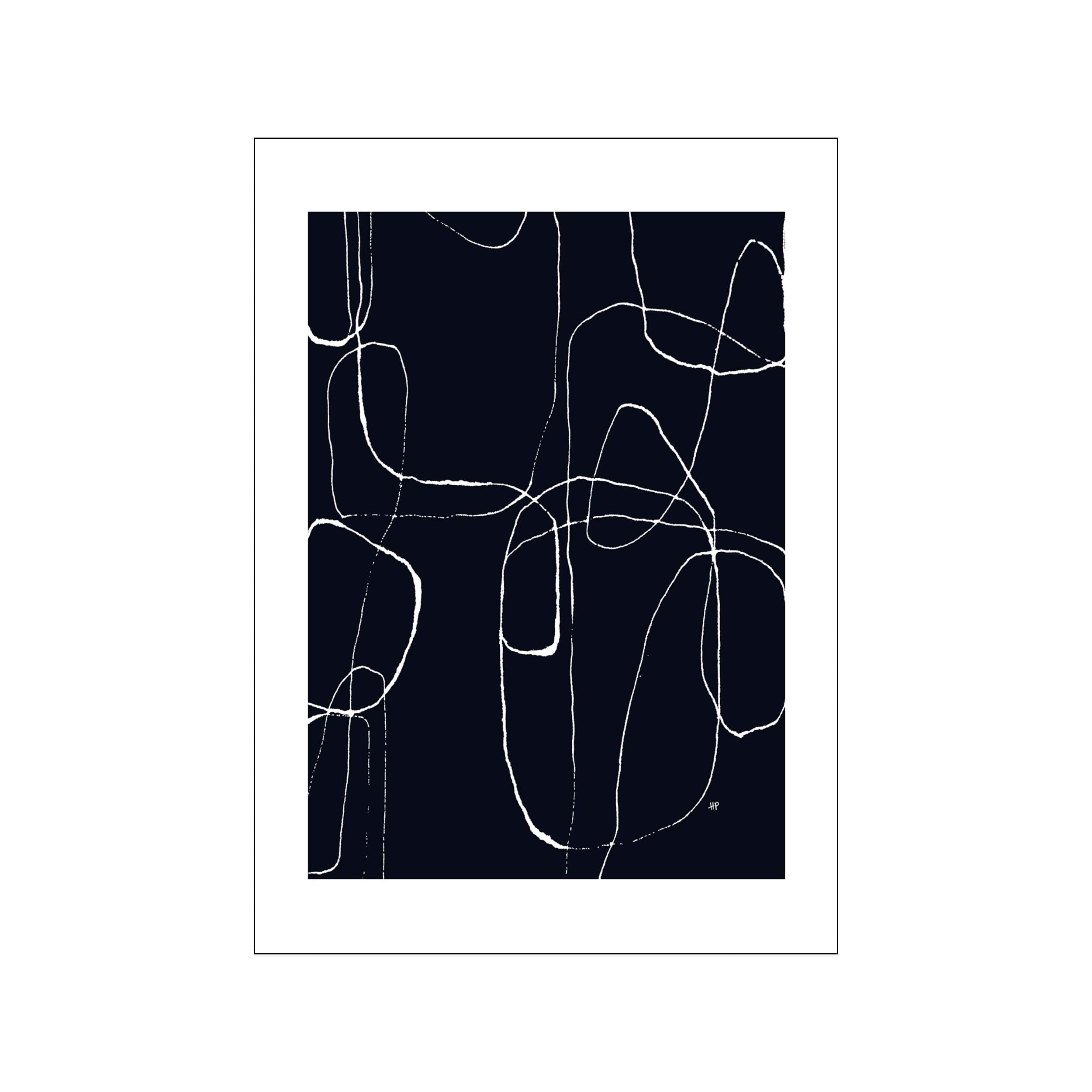 An abstract composition featuring flowing, hand-drawn white lines against a deep, dark blue background, creating a dynamic and sophisticated visual statement.