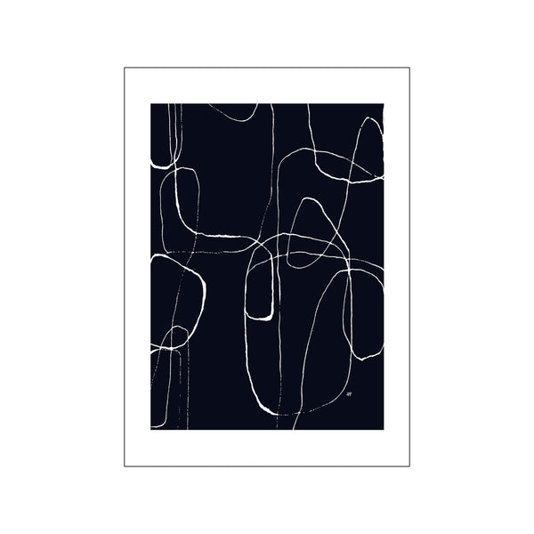 An abstract composition featuring flowing, hand-drawn white lines against a deep, dark blue background, creating a dynamic and sophisticated visual statement.