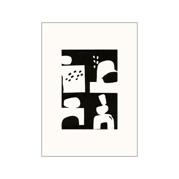 Abstract composition featuring bold black shapes and dotted patterns on a white background, creating a dynamic and modern visual story. Evokes a sense of playful energy and graphic design.