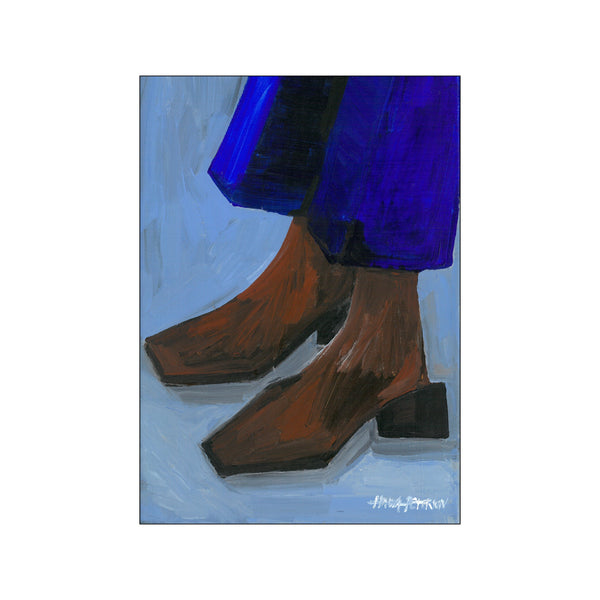 A close-up painting of two square-toed, heeled boots in rich brown tones, set against a textured light blue background with strokes of deep blue fabric overhead. Evokes a stylish, confident mood.