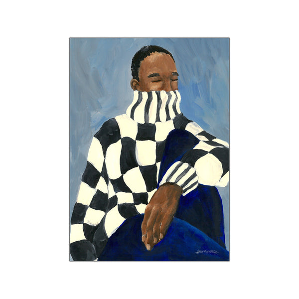 A painting of a person from the chest up, wearing a black and white checkered turtleneck sweater and dark blue pants, with eyes closed and a serene expression. The background is a soft, textured blue.
