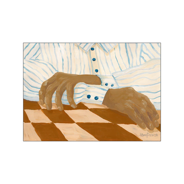 Close-up of hands resting on a checkered surface, with a cream and blue striped shirt in the background. The artwork evokes a feeling of quiet contemplation and gentle relaxation.