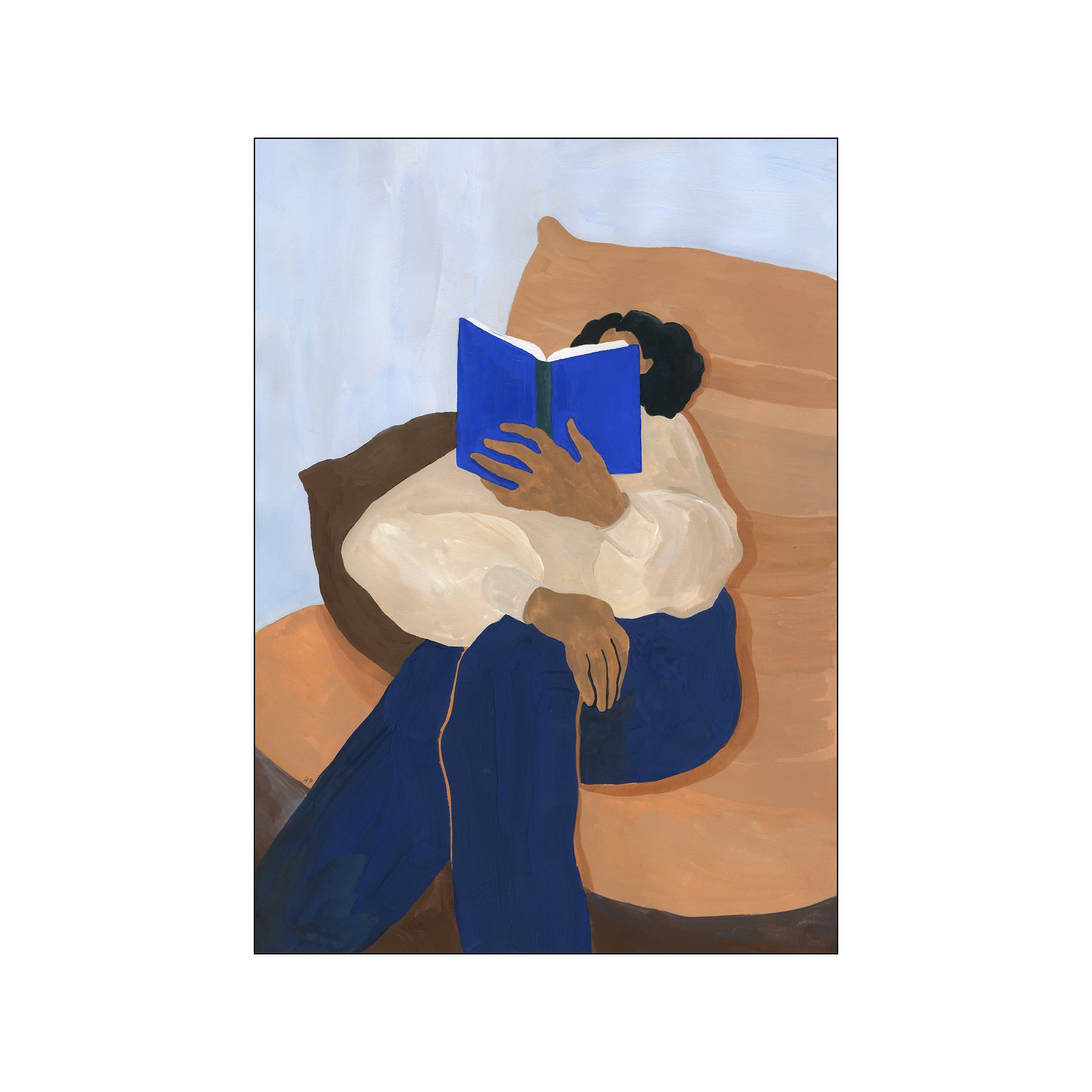 A minimalist painting of a person absorbed in reading a blue book, rendered in warm terracotta and indigo tones, evoking a sense of peaceful solitude and artistic charm.