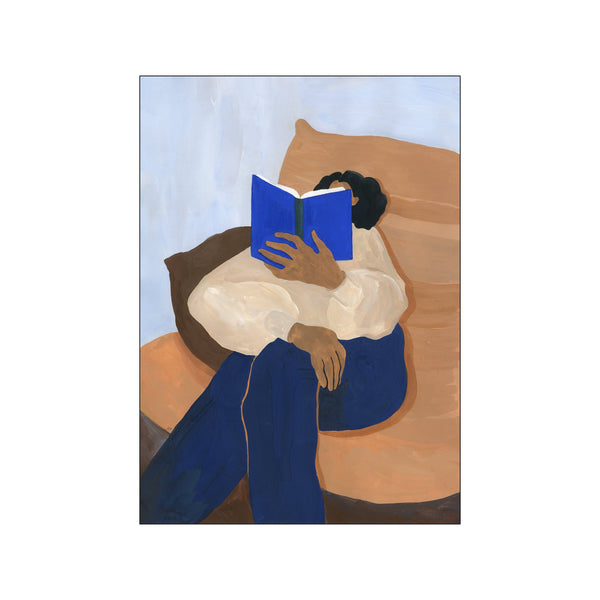 A minimalist painting of a person absorbed in reading a blue book, rendered in warm terracotta and indigo tones, evoking a sense of peaceful solitude and artistic charm.