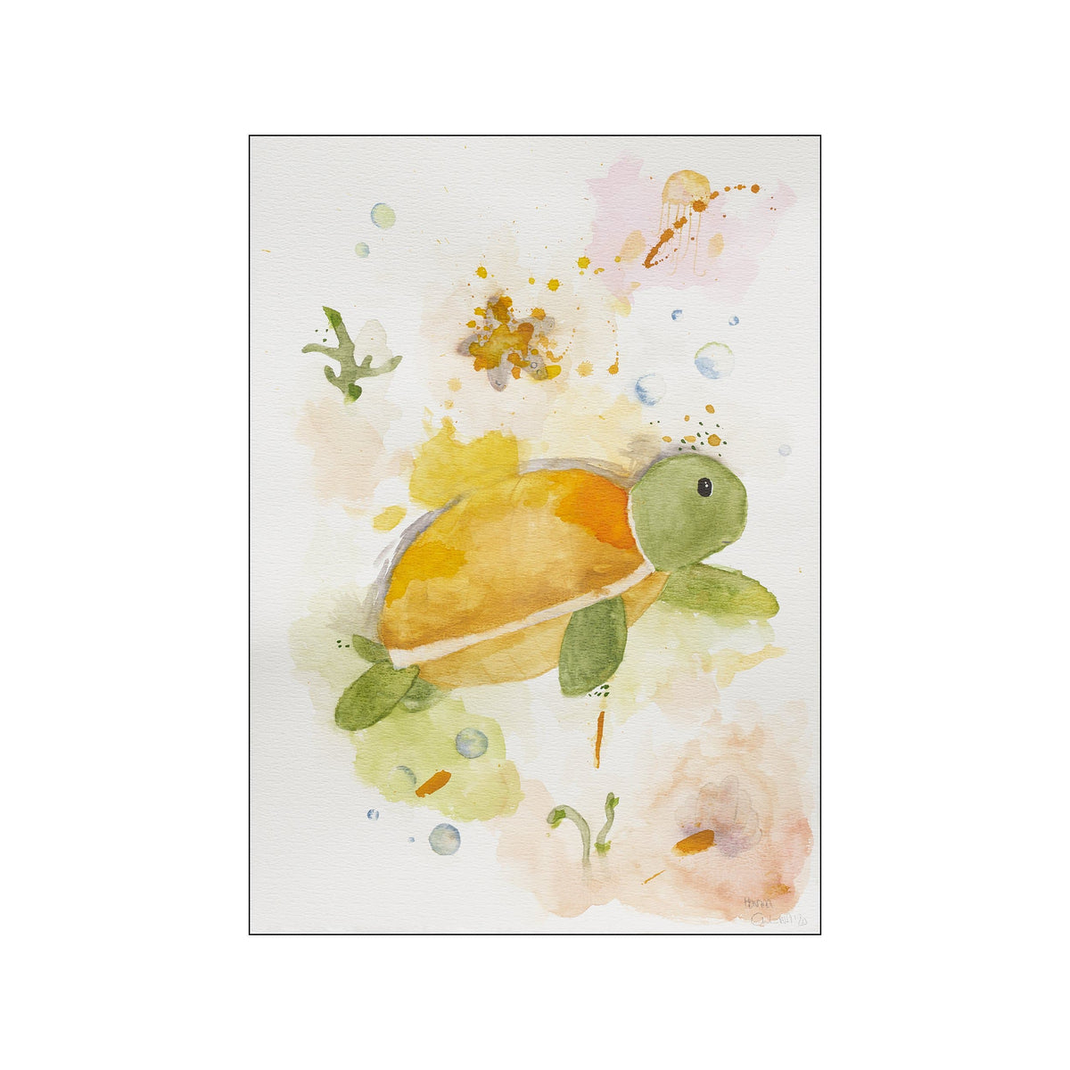 A whimsical watercolor painting of a green sea turtle swimming amidst soft washes of yellow, green, and coral, with delicate bubbles and hints of marine life, creating a tranquil underwater scene.