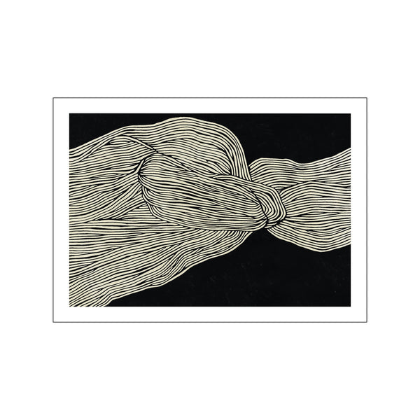 An abstract artwork featuring delicate, wavy cream-colored lines that form a knot-like shape against a stark black background, suggesting organic movement and minimalist beauty.