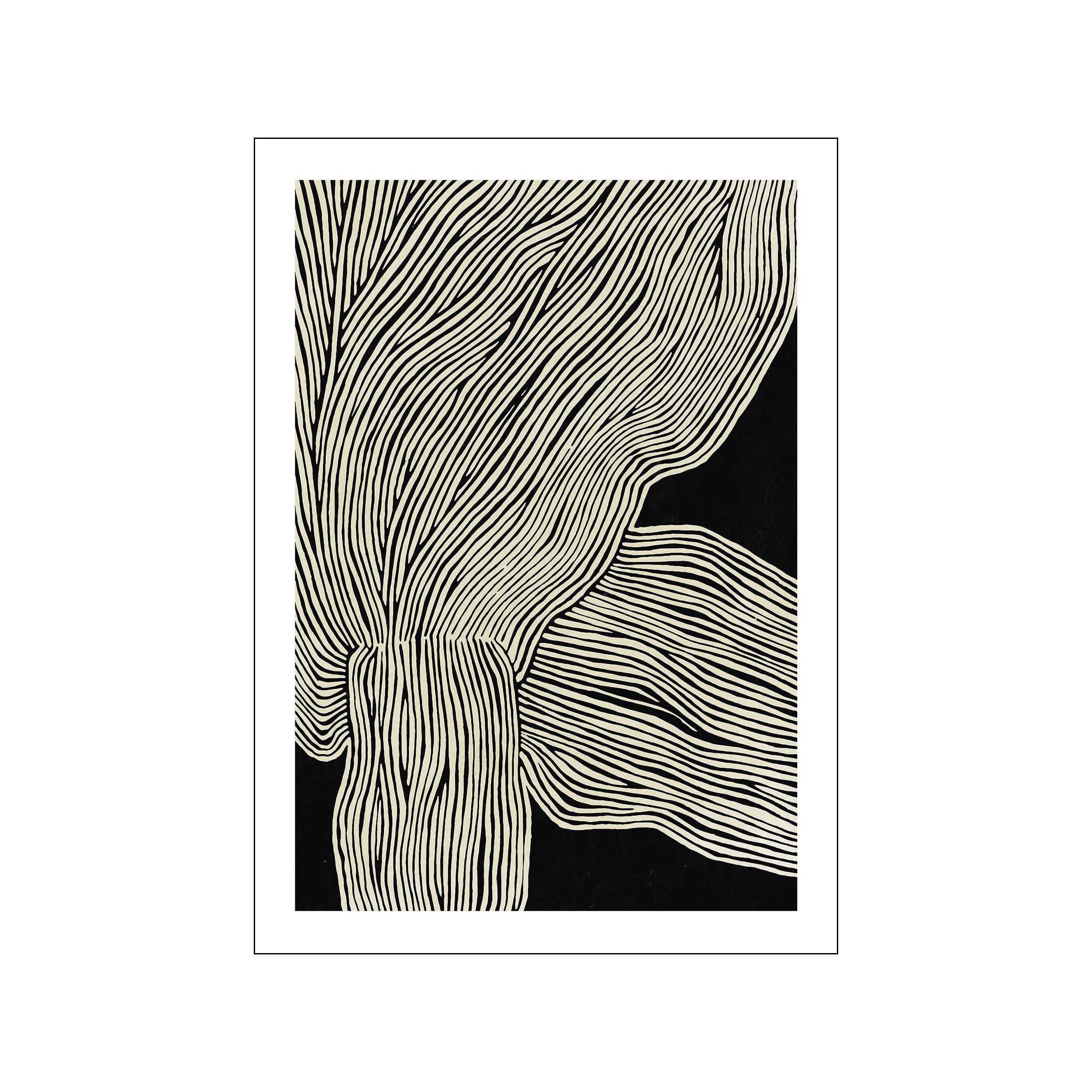 An abstract artwork with flowing, parallel lines in a light cream color set against a stark black background, creating a sense of dynamic movement and organic form.