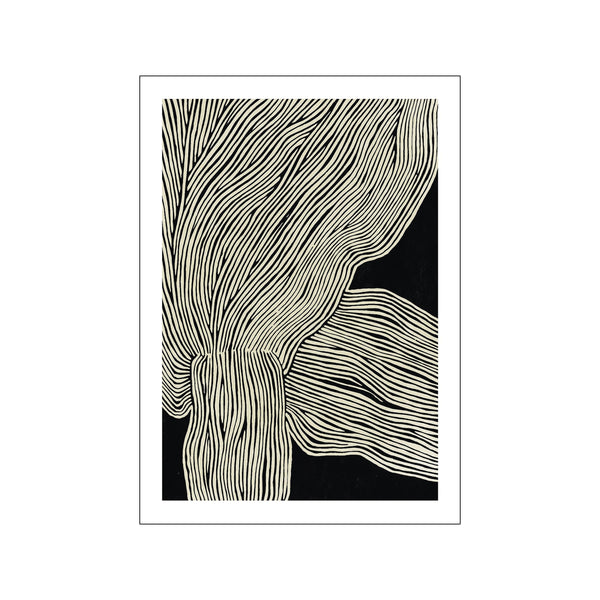 An abstract artwork with flowing, parallel lines in a light cream color set against a stark black background, creating a sense of dynamic movement and organic form.