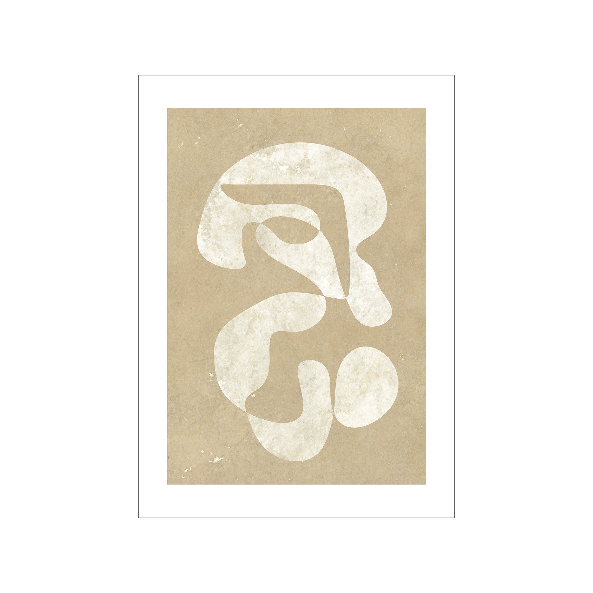 An abstract, minimalist portrait of a contemplative figure titled 'The Wise Man 01' by Rebecca Hein. Features organic, off-white shapes against a textured, neutral beige background, evoking a sense of calm and sophistication.