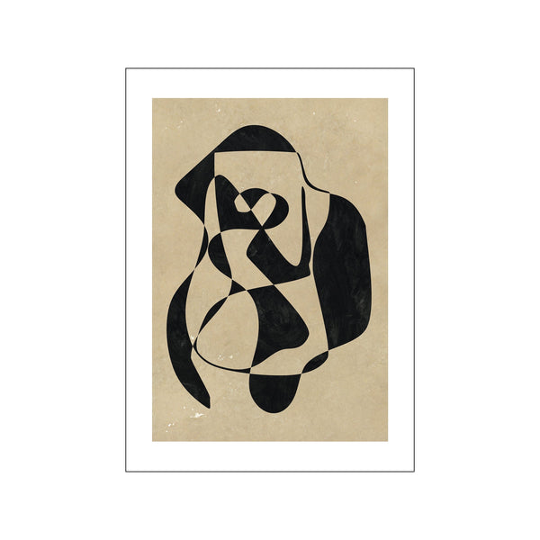 Abstract artwork titled 'The Wise Man 02' by Rebecca Hein, featuring interlocking black organic shapes on a textured beige background, evoking a thoughtful and calm atmosphere.