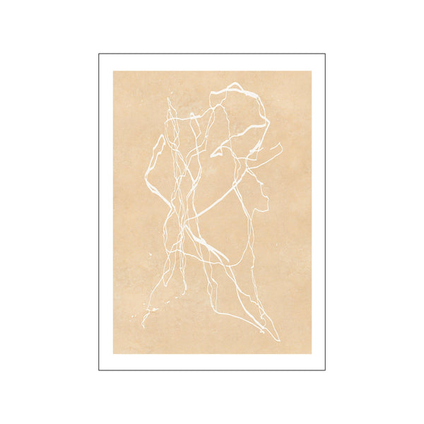 A delicate abstract composition of swirling white lines on a textured, sandy-beige background, evoking a sense of spontaneous movement and artistic flow.