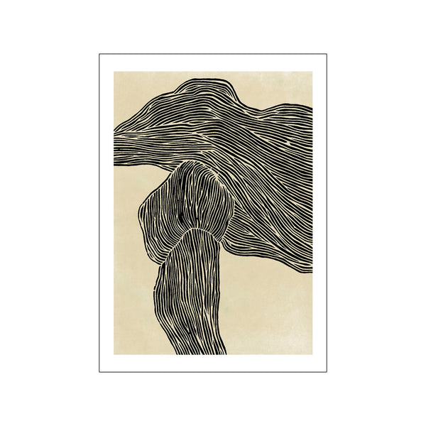 An abstract depiction of organic, flowing forms rendered in bold black lines against a textured, creamy beige background, suggesting natural landscapes or portraiture.