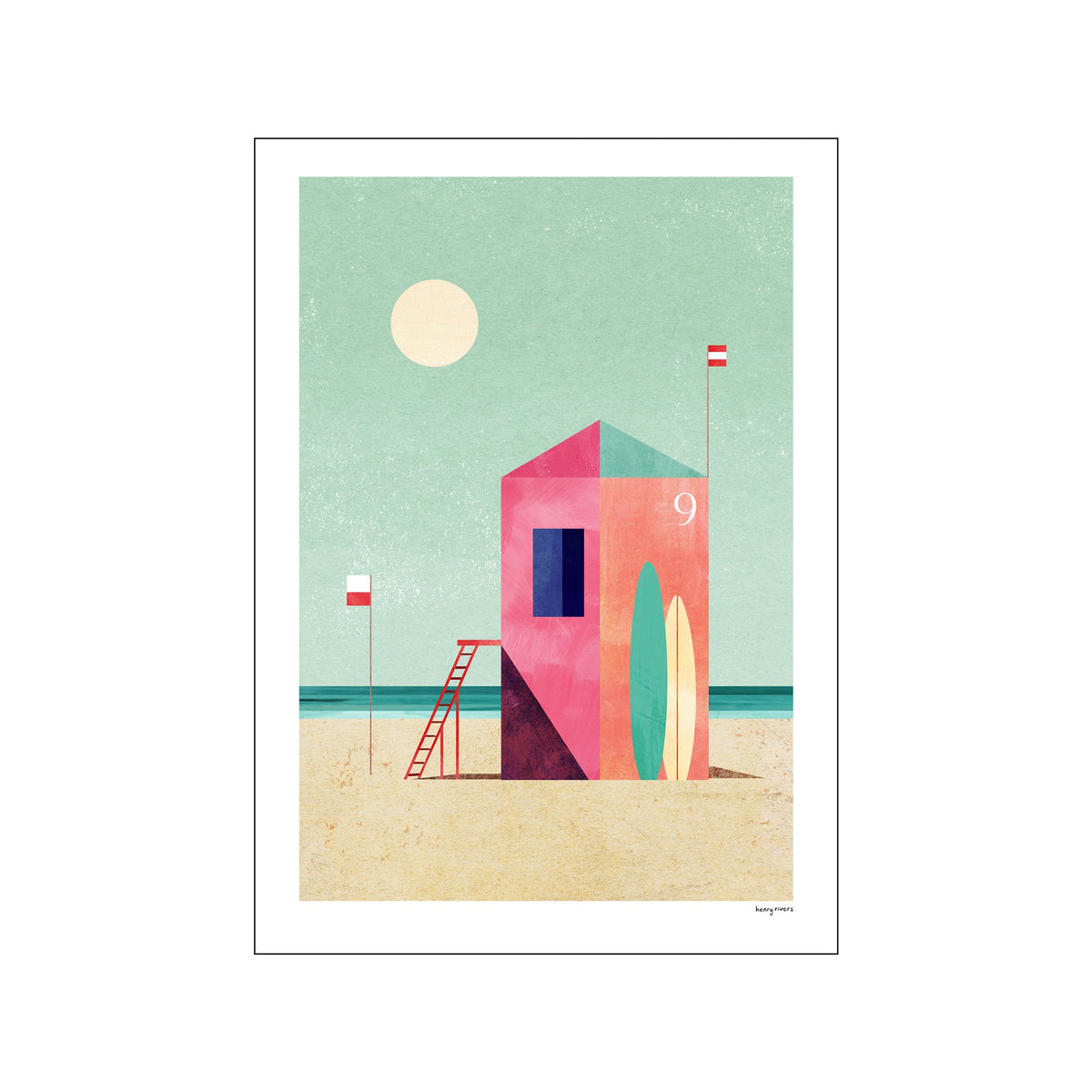 Geometric pink lifeguard surf hut on a sandy beach with teal sea and pale sun