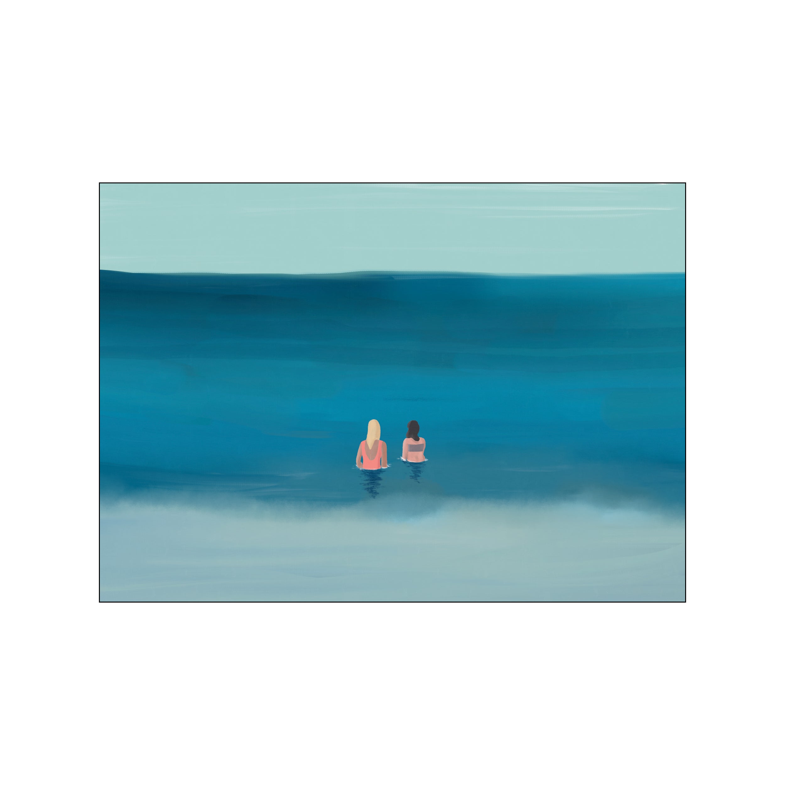 Two figures wade into calm, blue ocean waters under a pale sky, evoking a sense of peace and summer serenity. The artwork features a gradient of blues and aquas.