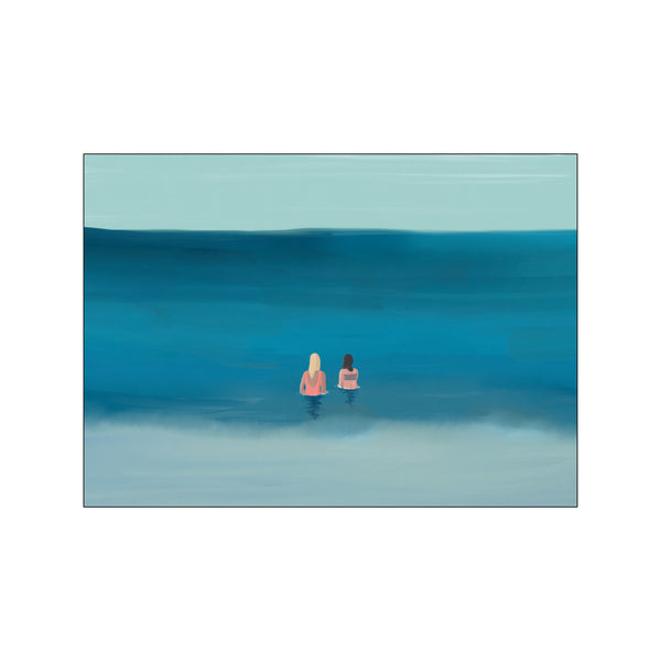 Two figures wade into calm, blue ocean waters under a pale sky, evoking a sense of peace and summer serenity. The artwork features a gradient of blues and aquas.